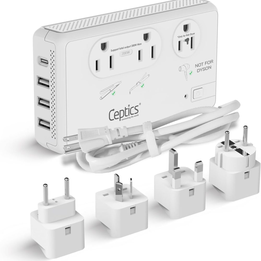 Ceptics Voltage Converter for Travel, 220V to 110V Converter w/Type C, E/F, G, I Plugs, 2000W Outlet for Hair Dryers, 4 USB w/ 1 USB-C PD 18W Fast Charge, for Curling Iron, Straightener, Chargers