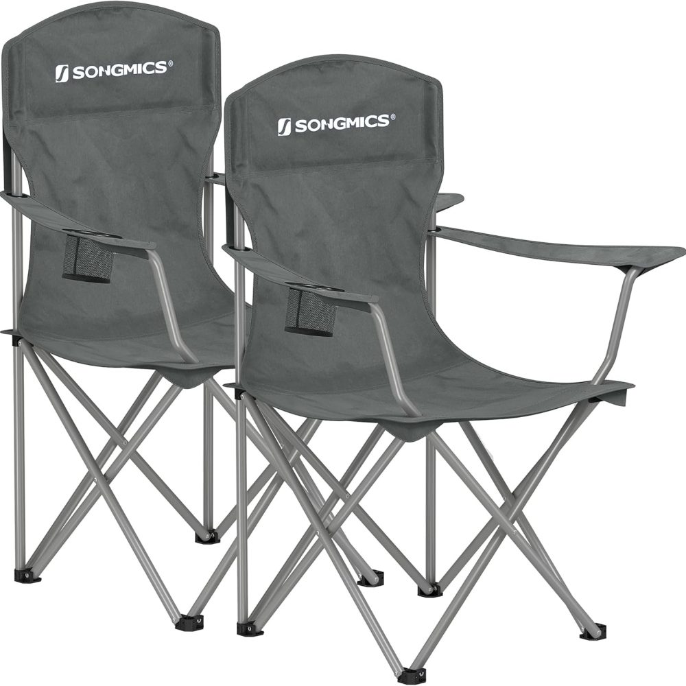 SONGMICS 2 Pack Folding Camping Chairs, Load 330 lb, Cup Holder and High Backrest, Heavy-Duty Structure, for Lawn, Garden, Fishing, Terrace