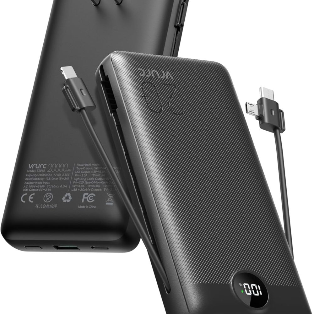 VRURC Portable Charger 20000mAh, Fast Charging Power Bank USB C,4 Output 2 Input Travel Essentials Charging Bank Equipped with LED Display,Built-in Wall Plug and Cables,Phone Charger Battery,Black