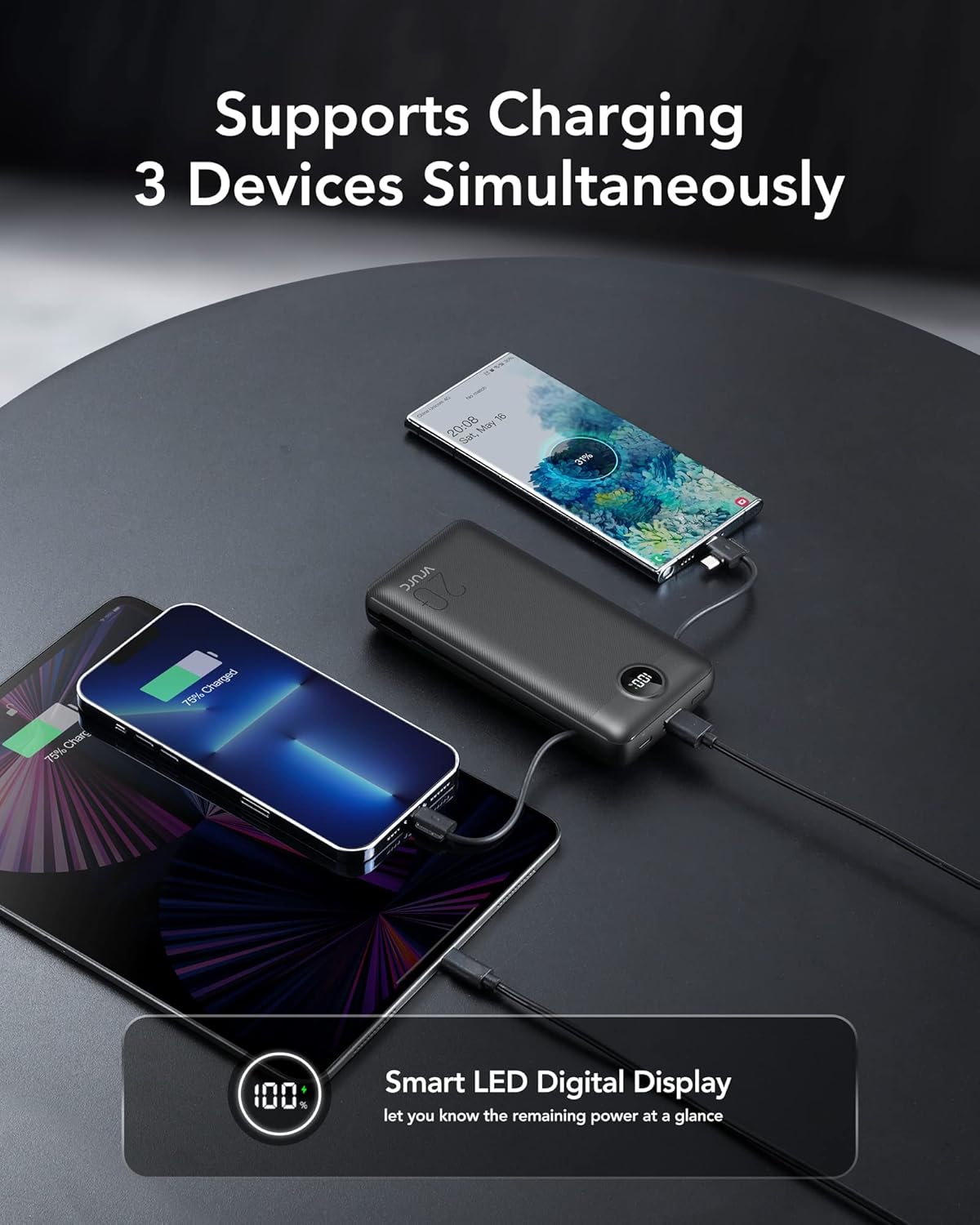 VRURC Portable Charger 20000mAh, Fast Charging Power Bank USB C,4 Output 2 Input Travel Essentials Charging Bank Equipped with LED Display,Built-in Wall Plug and Cables,Phone Charger Battery,Black - Image 7